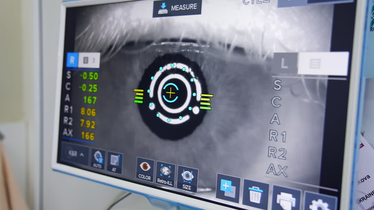 Man examined by ophthalmologist. Ophthalmologist looking at retina scan in computer monitor