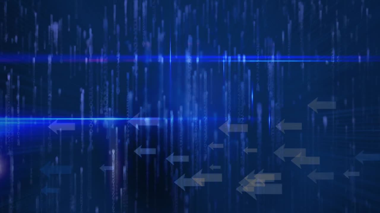 파란색 배경에 반 ⁇ 이는 빛의 흔적과 화살표의 애니메이션