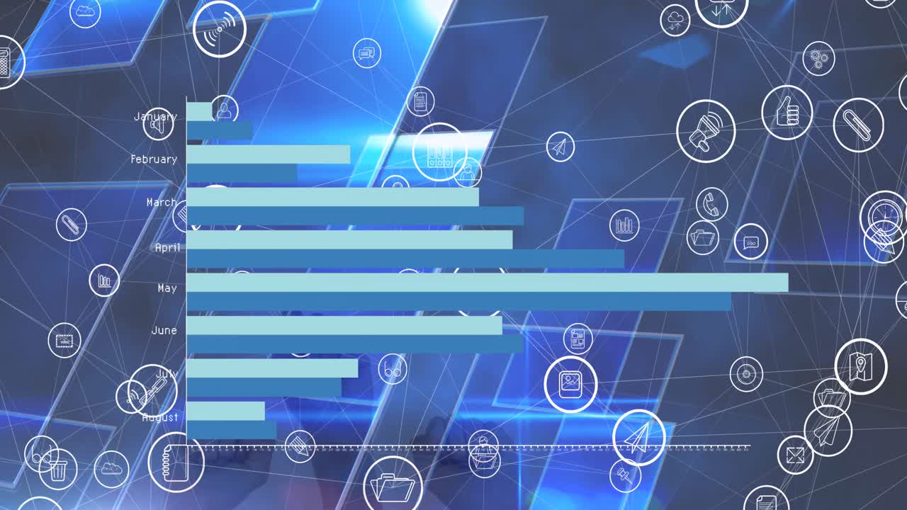 animación de la red de conexiones con iconos y procesamiento de datos sobre fondo azul