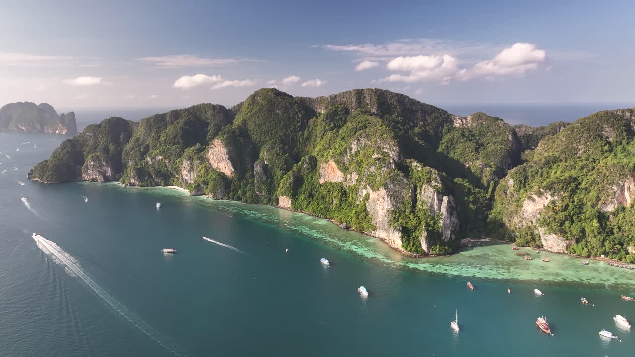 Breathtaking coastal scenery of Koh Phi Phi Islands, Thailand. Drone landscape. Sunny day.