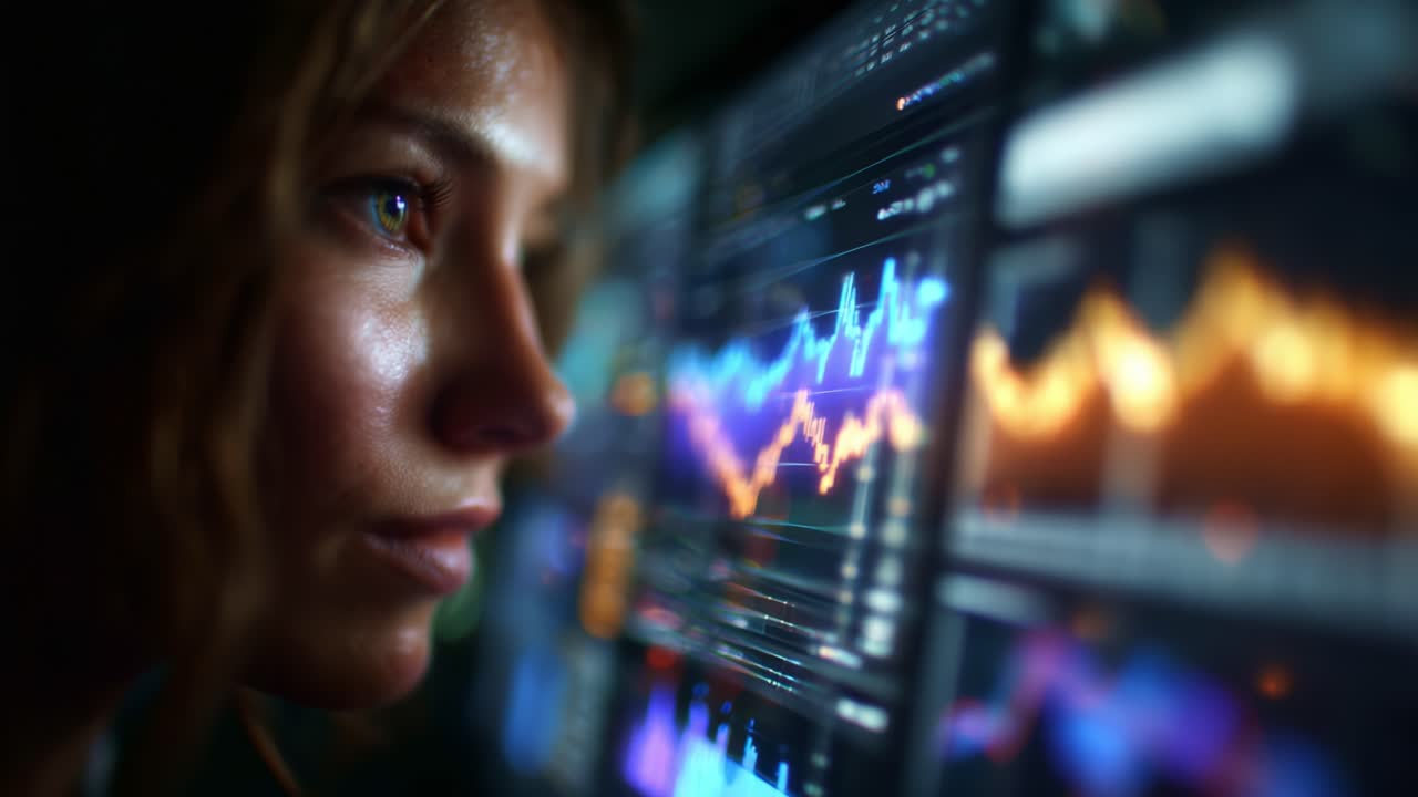 Mulher analisando dados financeiros em interface digital com gráficos e métricas em um ambiente dinâmico, enfatizando as habilidades de interpretação de dados e o uso da tecnologia