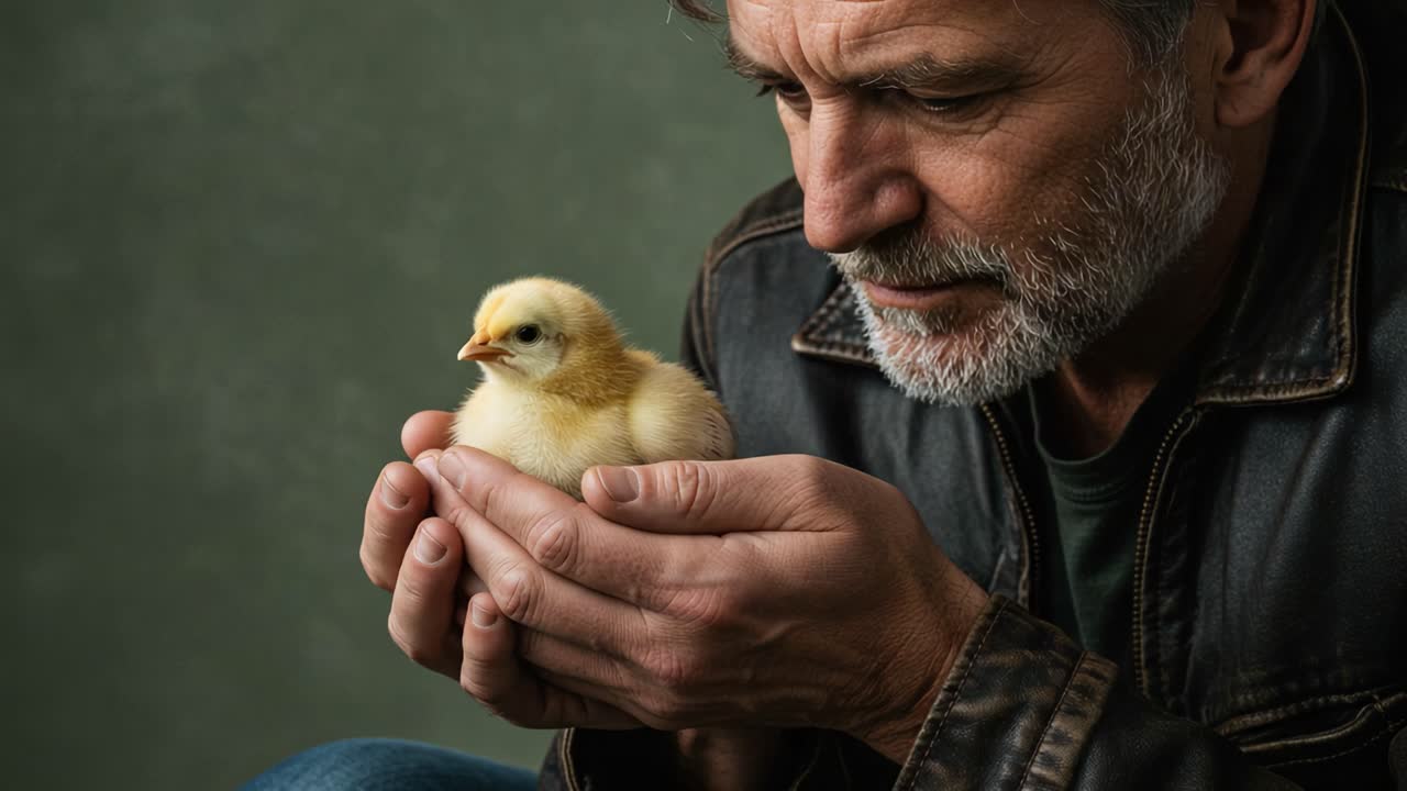 A Gentle Connection: A Man Cradles a Chick in His Hands, Highlighting the Bond Between Humans and Nature in a Serene Moment of Care and Compassion