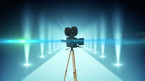 animation of movie camera and spot lights on blue background