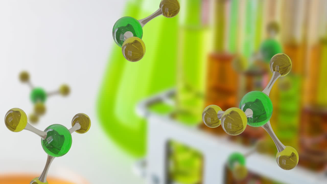 마이크로 분자 모델과 실험실 컵의 애니메이션이  ⁇  배경에 있습니다.