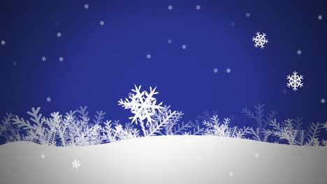 Digital-animation-of-snowflakes-falling-over-winter-landscape-against-blue-background