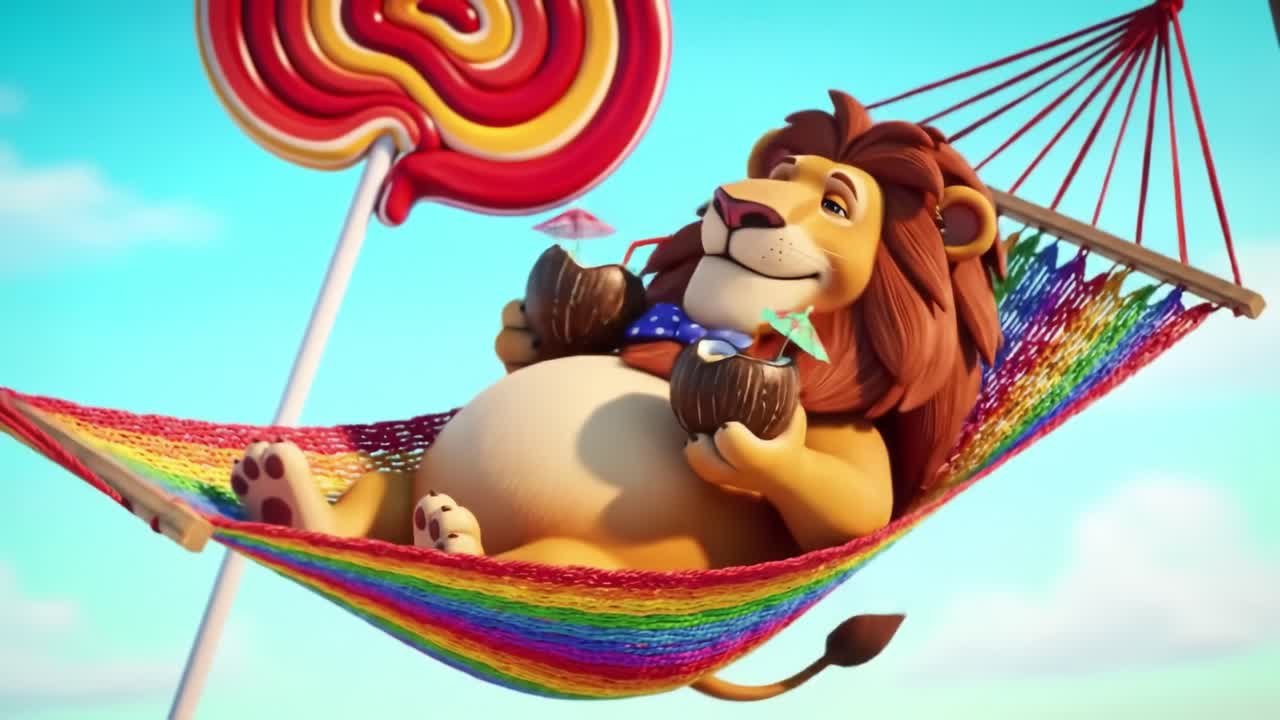 A Relaxing Lion Enjoying a Tropical Drink in a Colorful Hammock Under a Bright Sky Surrounded by Fun, Colorful Elements That Evoke Joy and Playfulness
