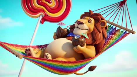 a relaxing lion enjoying a tropical drink in a colorful hammock under a bright sky surrounded by fun, colorful elements that evoke joy and playfulness