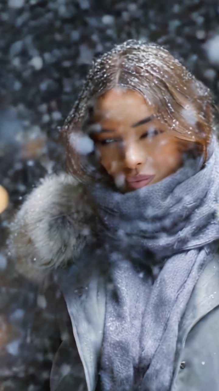 Captivating Portrait of a Woman in Winter, Surrounded by Flurries of Snowflakes, Radiating Warmth and Beauty in a Cozy Scarf and Stylish Outerwear