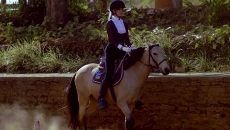 una hermosa mujer se sienta encima de un caballo marrón claro en cámara lenta