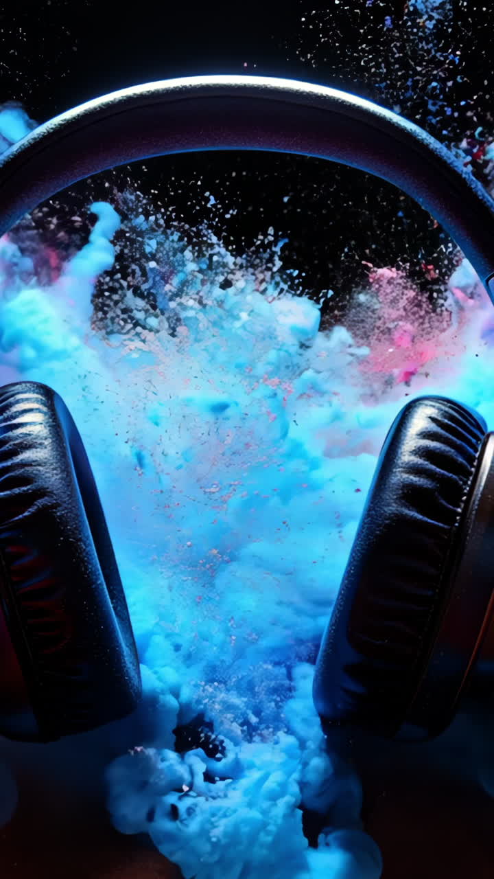 A pair of headphones is shown in a colorful explosion of confetti. The headphones are surrounded by a cloud of red, blue, and purple confetti, creating a festive and energetic atmosphere