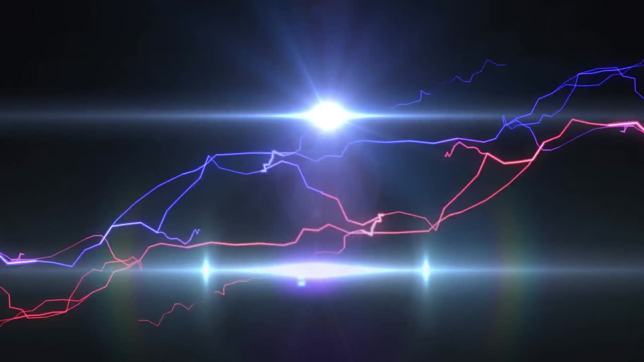 animación de partículas rojas y luces en movimiento con corrientes eléctricas azules y rojas brillantes en negro