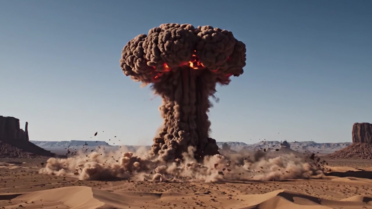 Eine atemberaubende visuelle Reise, die eine gewaltige Explosion in einer weiten Wüstenlandschaft zeigt und den Moment des Einschlags sowie den daraus resultierenden Rauch und die Trümmer in der Luft festhält.