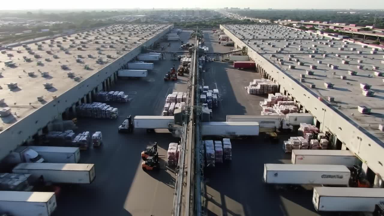 Busy logistics hub shows forklifts transporting goods between trailers and storage areas, highlighting efficient warehouse operations during the daytime.