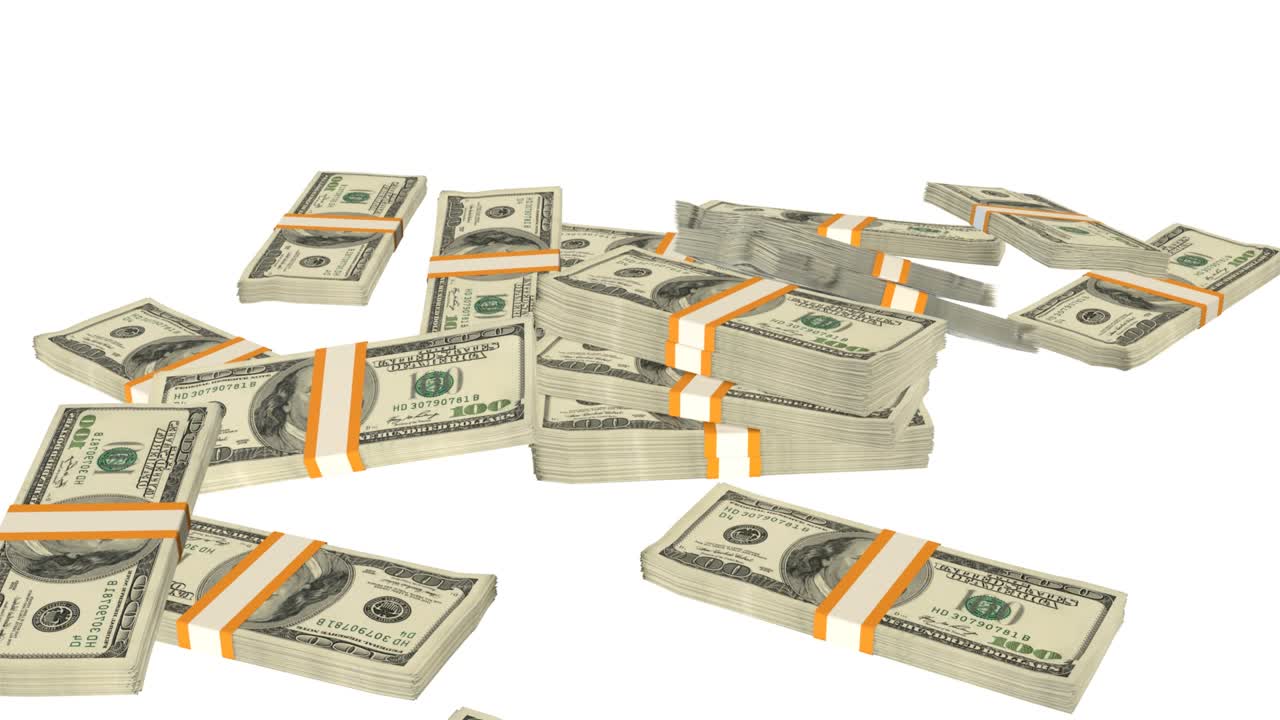 Many wads of money falling on table. 100 US dollar banknotes.