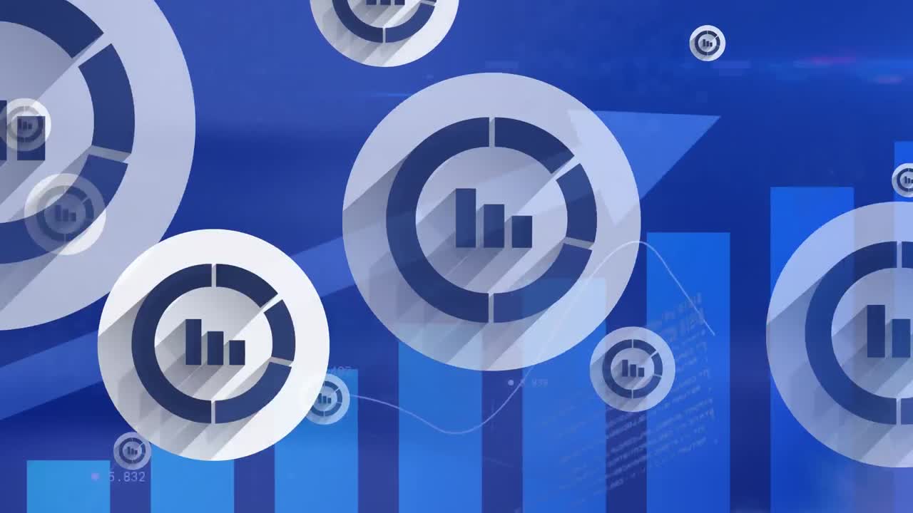 Animation of digital icons floating over interface with data processing against blue background