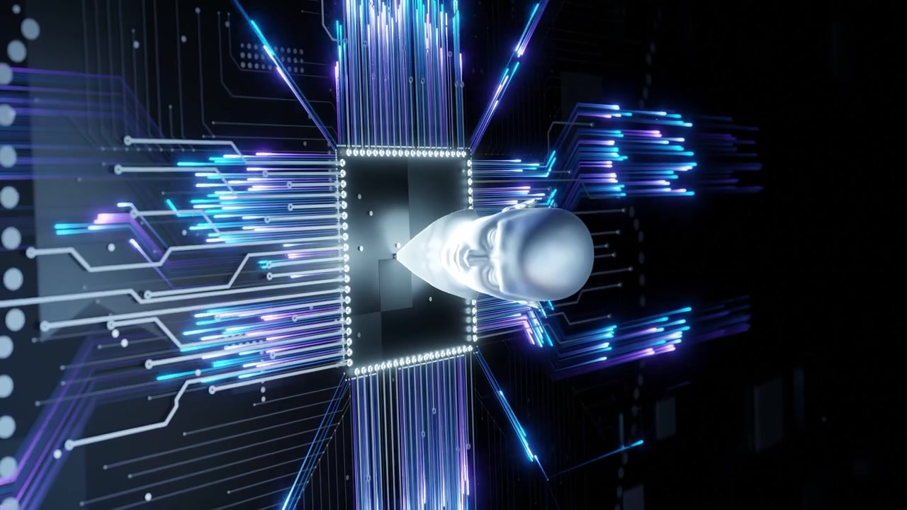 Modello di testa umana su un microchip con connessioni digitali blu luminose su un circuito stampato scuro. Concetto di intelligenza artificiale e rete neurale. Design per banner, poster, sfondo e verticale