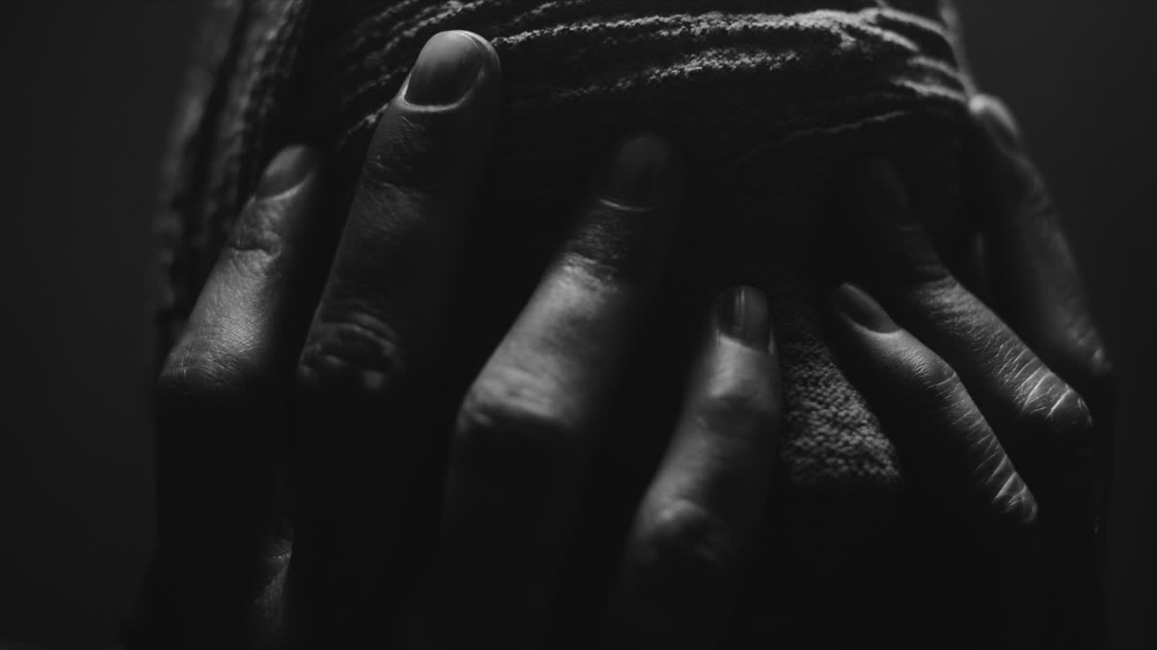 A mummified woman against the dark background in keeps her hands on her face the powerful pose full of despair