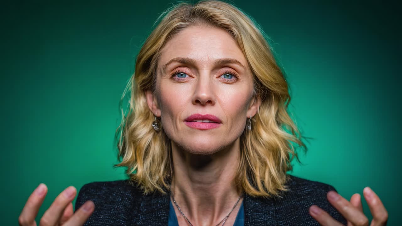 A Captivating Portrait of an Engaging Woman with Striking Features and Expressive Gestures, Set Against a Vivid Green Background, Creating an Impressive Visual Impact