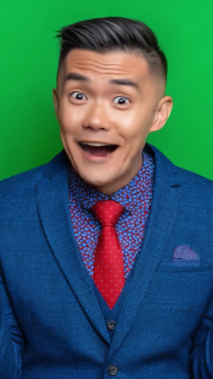 A man's emotional journey captured in two frames: from shock and surprise to joy and laughter against a vivid green backdrop, showcasing a range of expressions