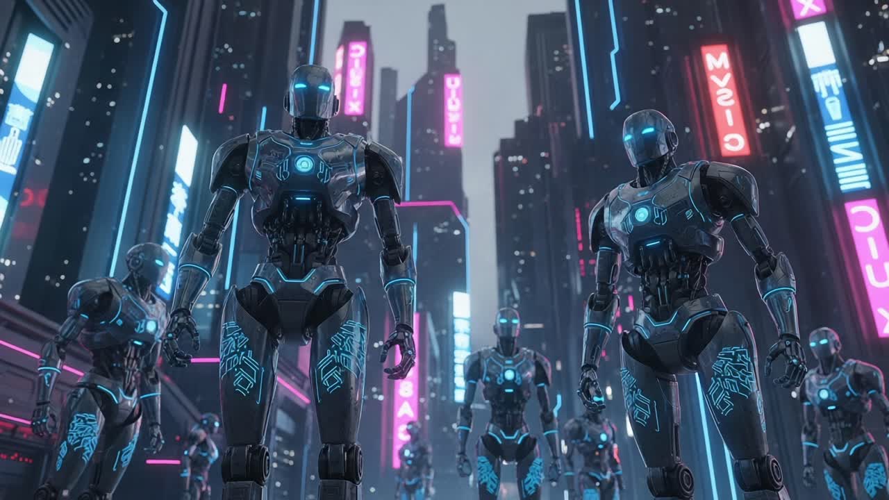 Futuristic Robots Stand Guard in a Neon-Cityscape: A Glimpse into Advanced Technology and a Cybernetic Future with a Dazzling City Background