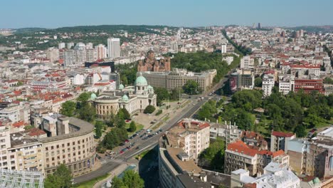 aerial: central belgrade cityscape, historical serbian capital on summer day