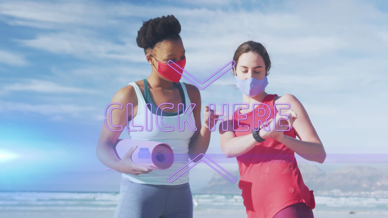 Exercising on beach, two women wearing masks with animation overlay text