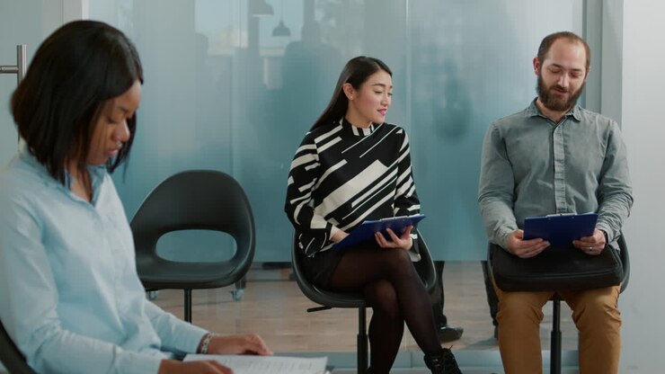 Man and asian woman talking about hiring and employment