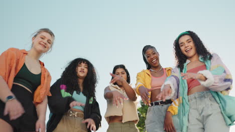 friends, dance and face of group of women outdoors