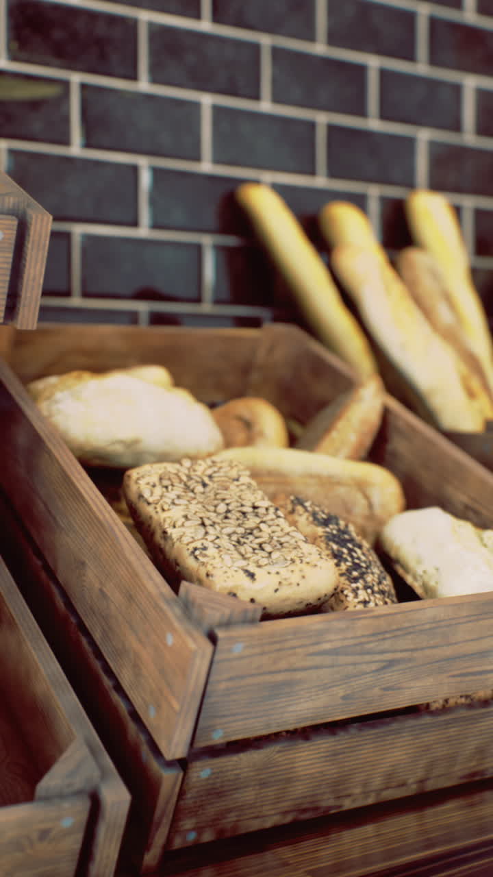 Freshly baked artisan bread displayed in rustic wooden crates at bakery