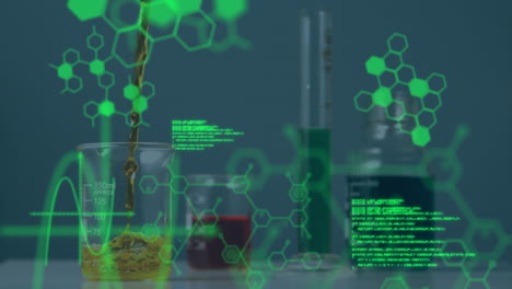 animación del lenguaje de programación y la estructura molecular sobre vasos con productos químicos en el laboratorio