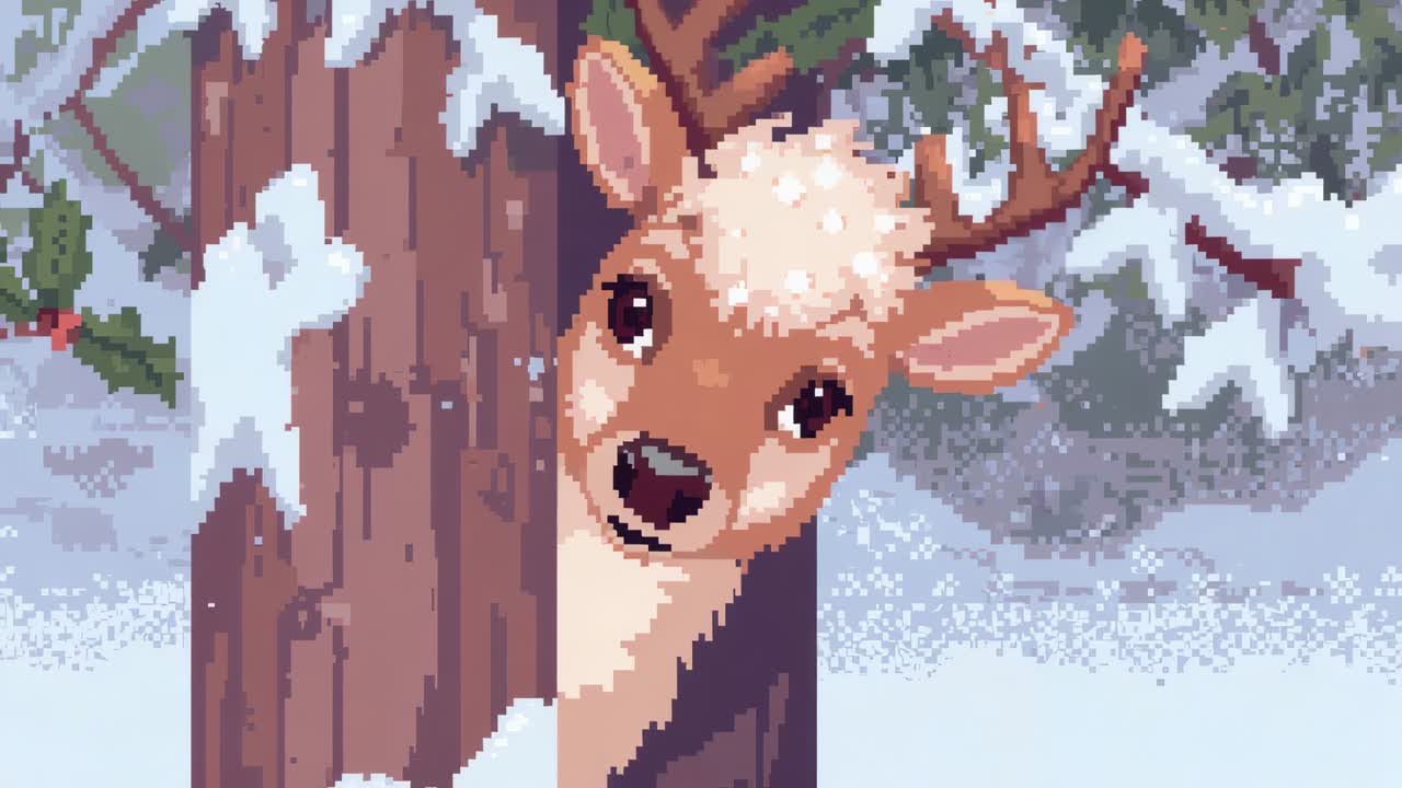 Peeking pixel-art deer stepping out behind snowy tree trunk at evergreen woods, reacting to snow