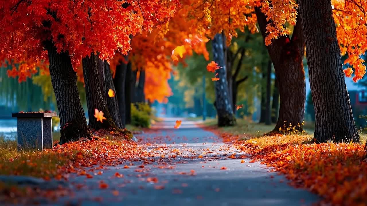 A tree lined street lined with orange and red leaves