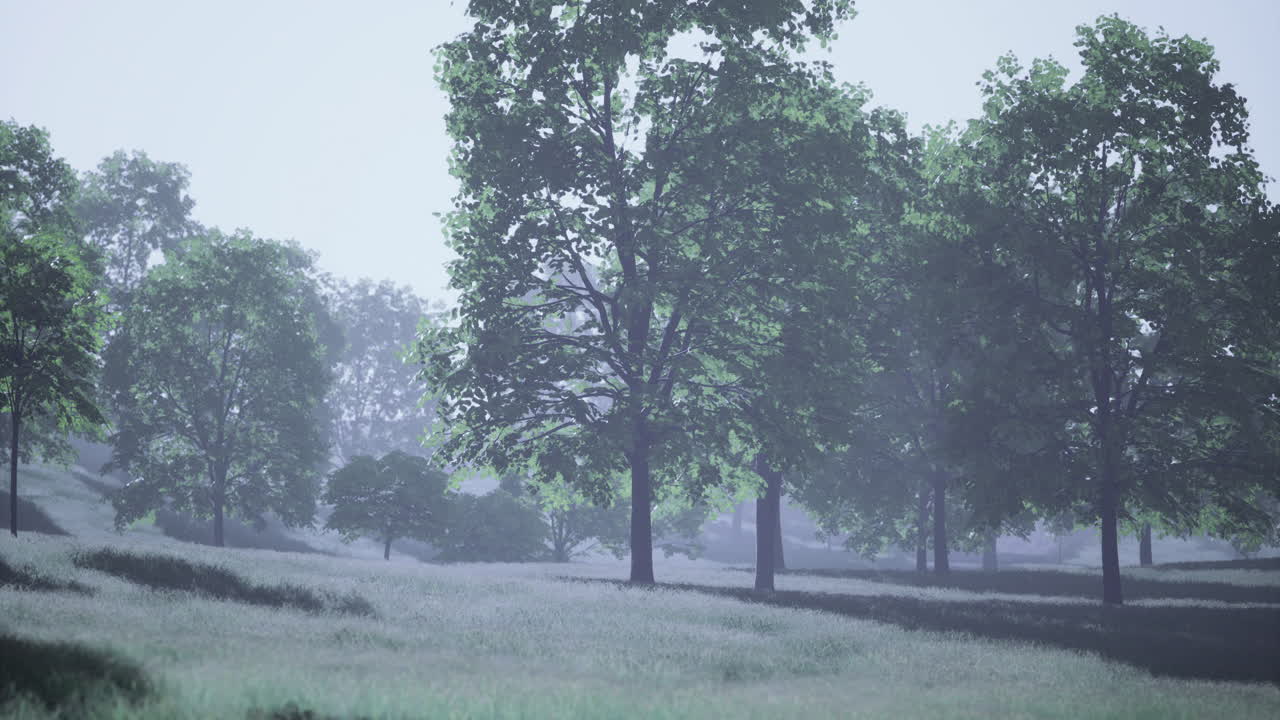 Gentle morning light dances through the lush forest landscape in early dawn