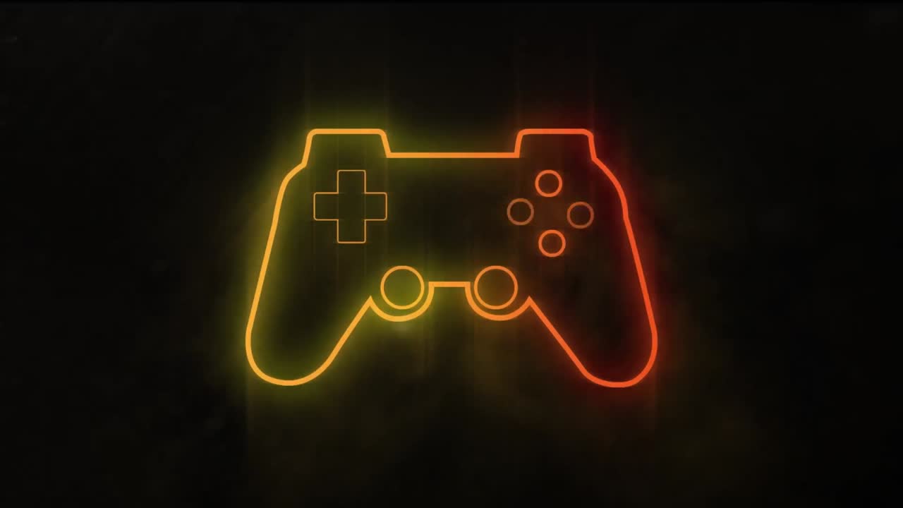 animazione di una console di videogiochi al neon luminoso su sfondo nero.