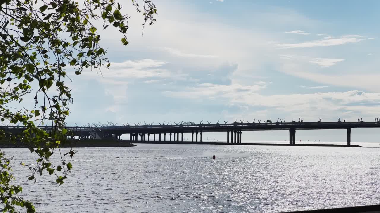 은 날씨에 물을 가로질러 이동하는 스피드 보트의 나무 가지를 통해 영상, 네바 강을 가로지르는 다리의 건설