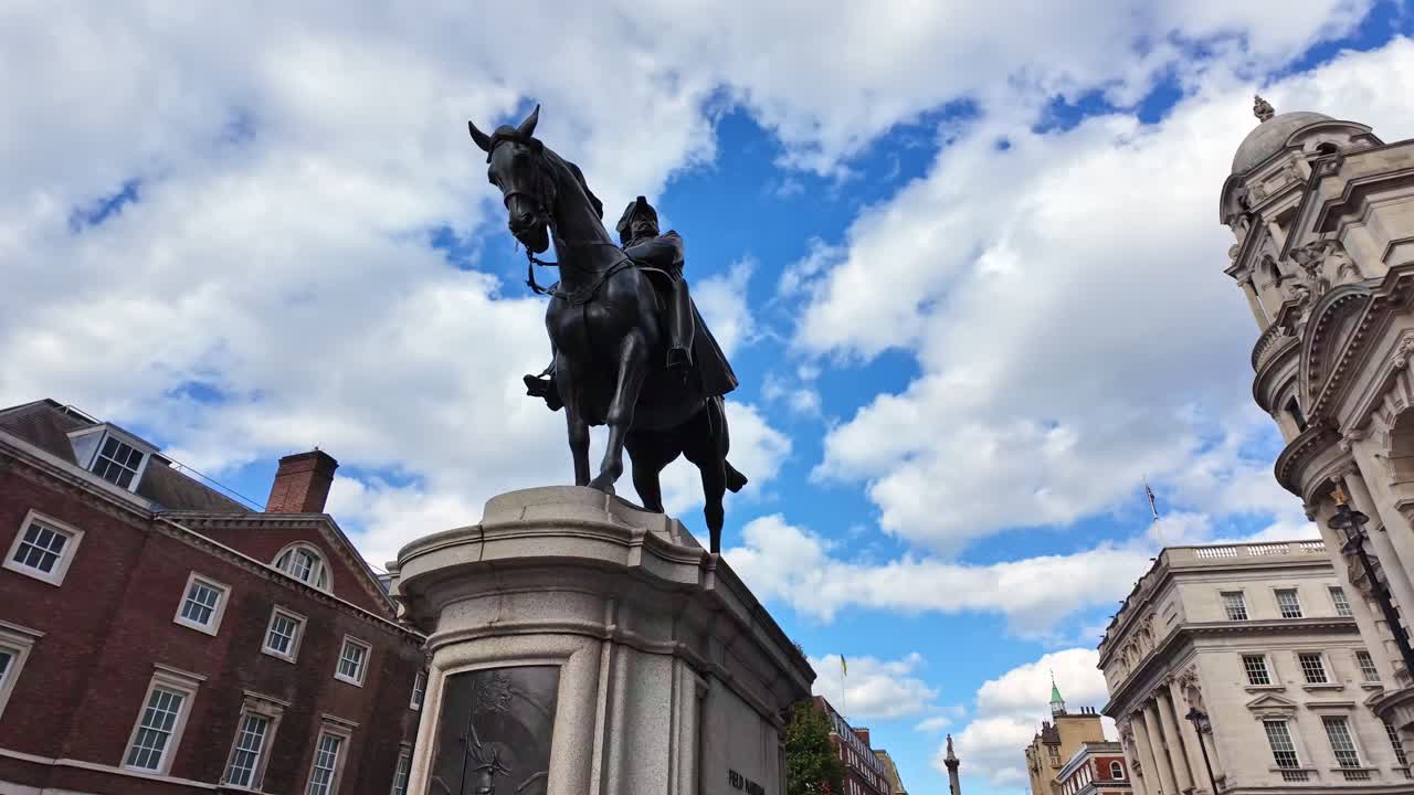 Close-up view about the George Duke of Cambridge equestrian statue, London, England.