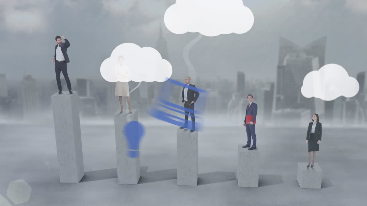 animación de la nube con iconos sobre diversas personas de negocios
