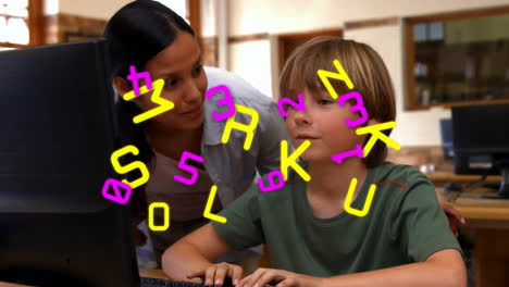 animation of numbers and letters over diverse schoolboy and female teacher using computer at school