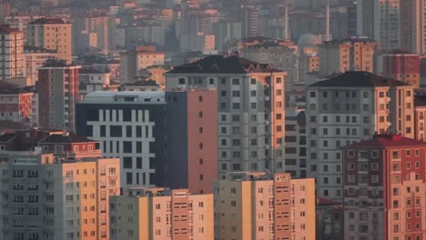 aerial view of a dense city at sunset