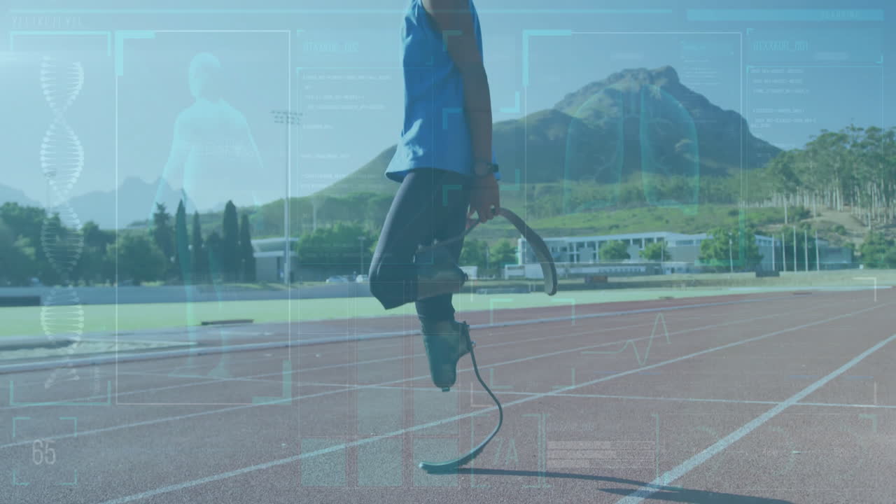 Athlete with prosthetic legs running on track with data analysis animation over