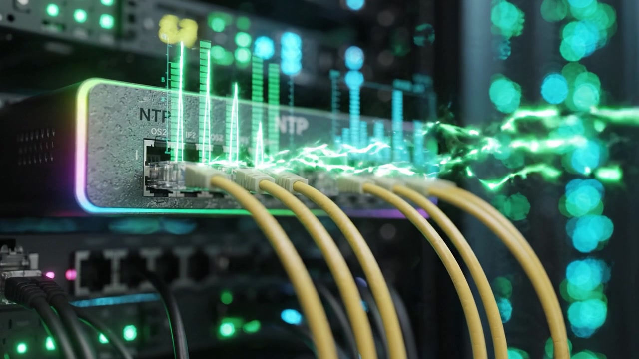 Network Time Protocol Device with Cables Connected in a Data Center Environment Featuring Colorful LED Indicators and Server Rack Background