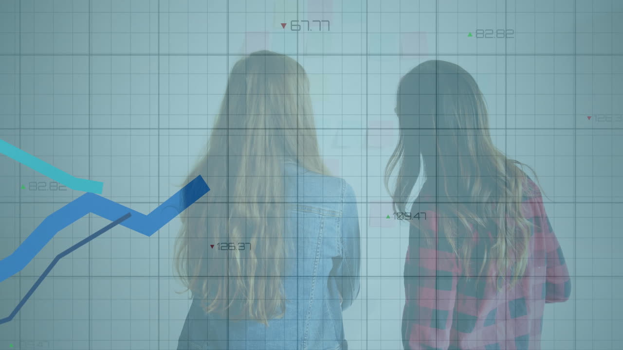 datos financieros y animación de gráficos sobre dos mujeres mirando la pizarra