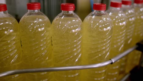 bottled cottonseed oil on conveyor system in cotton factory