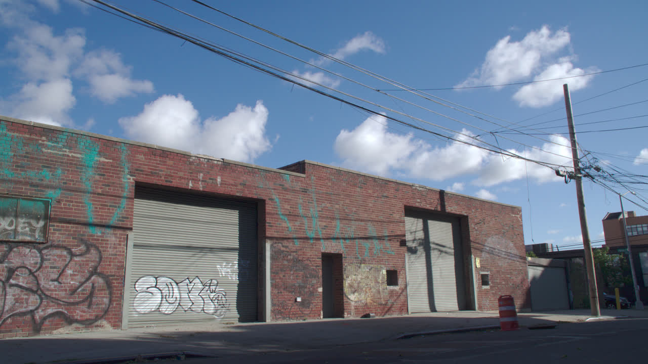 Establishing shot of a closed garage in Brooklyn. Shot on an autumn morning in Bushwick