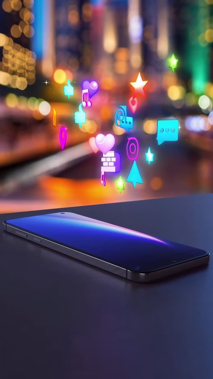 Low-angle shot of a smartphone with colorful app icons floating above, resembling a futuristic video