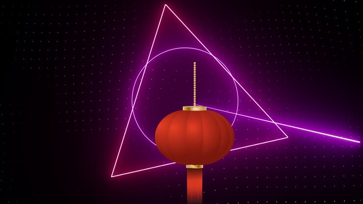 Animation of lantern over geometrical neon shapes on dark background