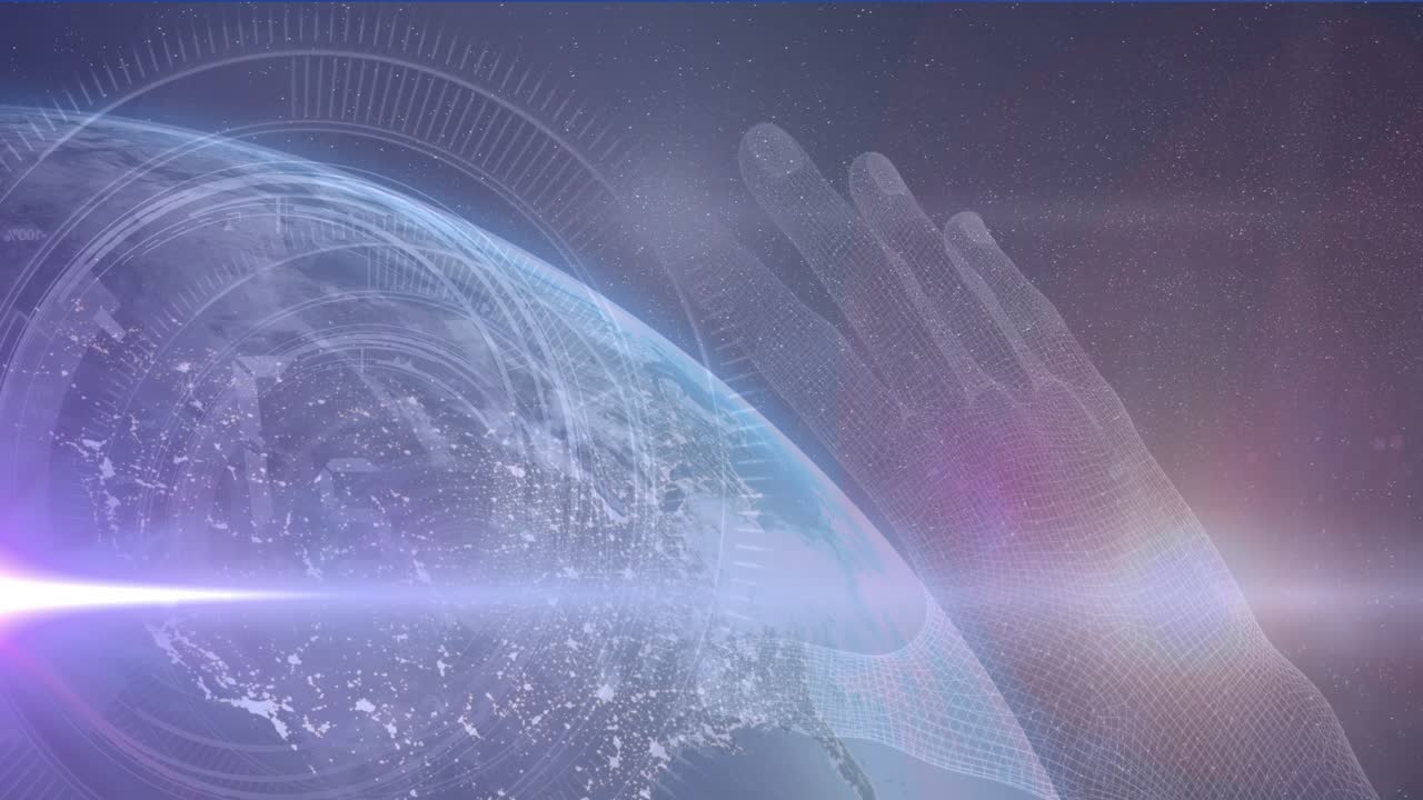 Animation of light spots and round scanner over globe and hand icon against blue background