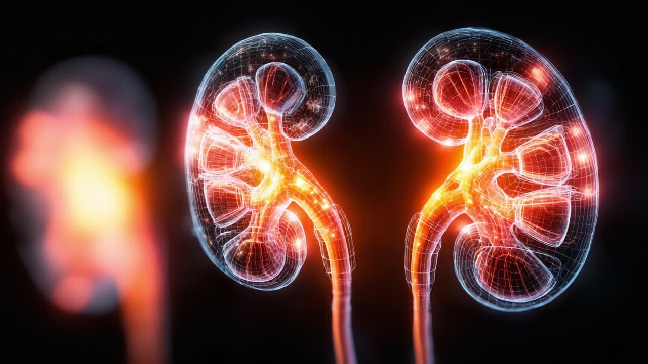 A High-Tech Visualization of Human Kidneys: Anatomical Insights into Renal Functionality and Health with Futuristic 3D Graphics Representation