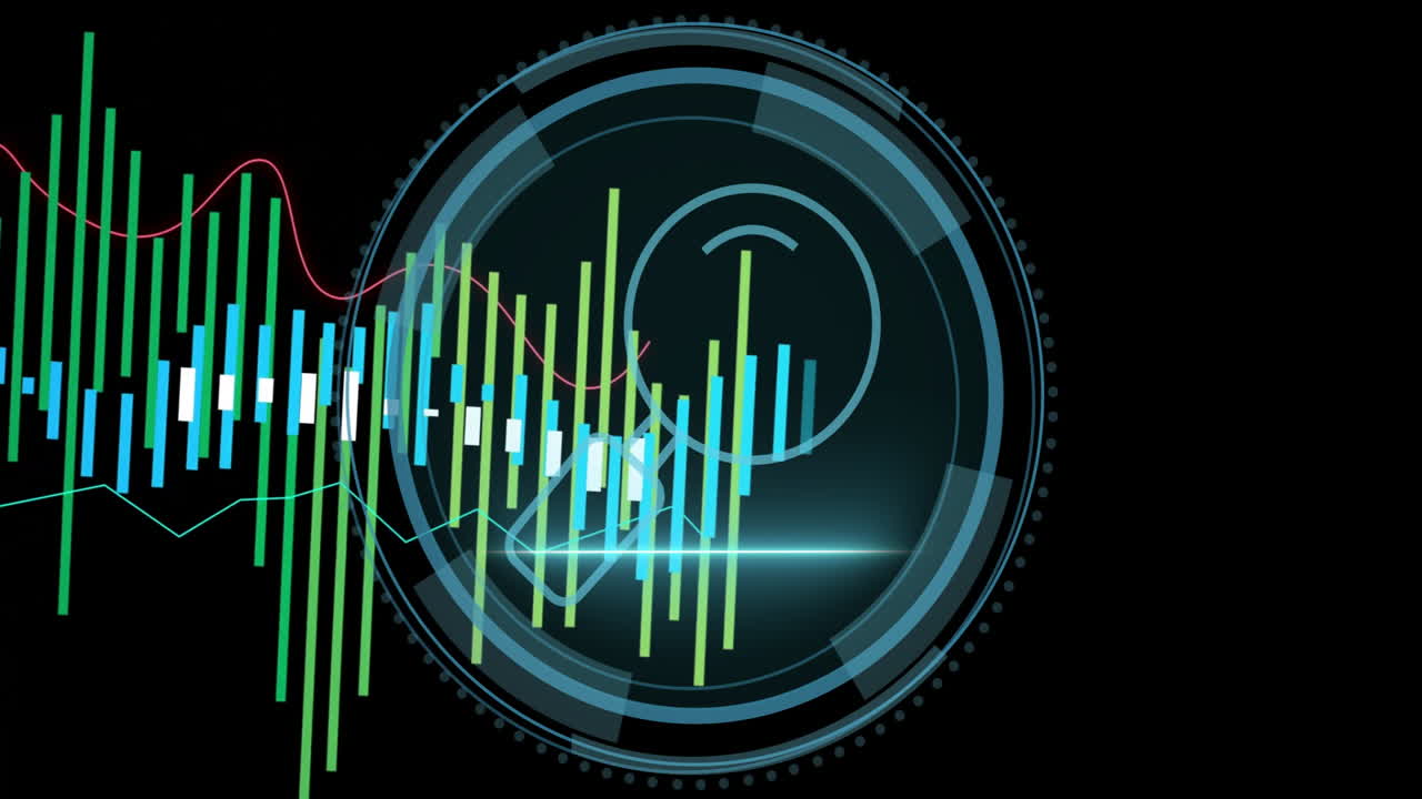 Colorful bar graphs and circular interface elements in digital animation visualization