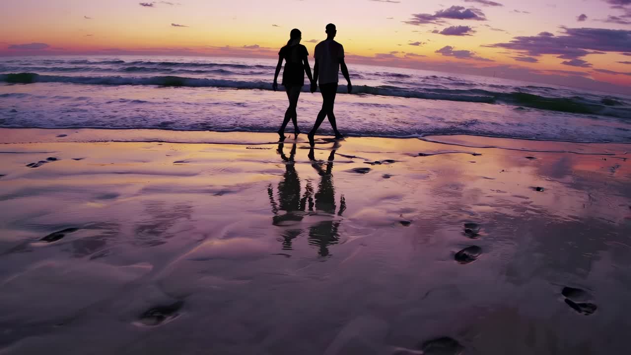 Silhouetted couple walks along a beach at sunset, captured in a wide-angle shot
